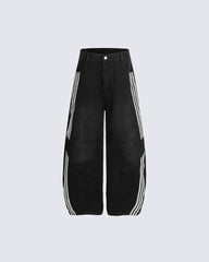 Striped Panel Wide-Leg Denim Pants