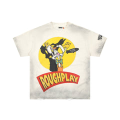 Roughplay Vintage Cartoon Rabbit Globe Logo Double‑Sided Distressed Tee