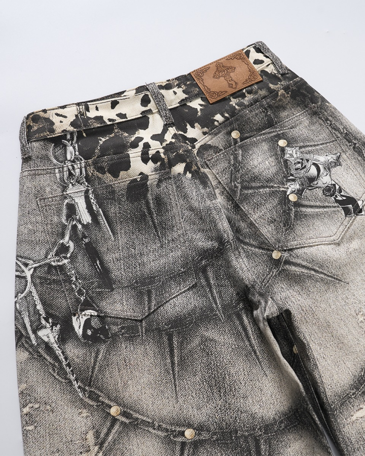 Leopard Print Spiked Graphic Barrel Denim Pants