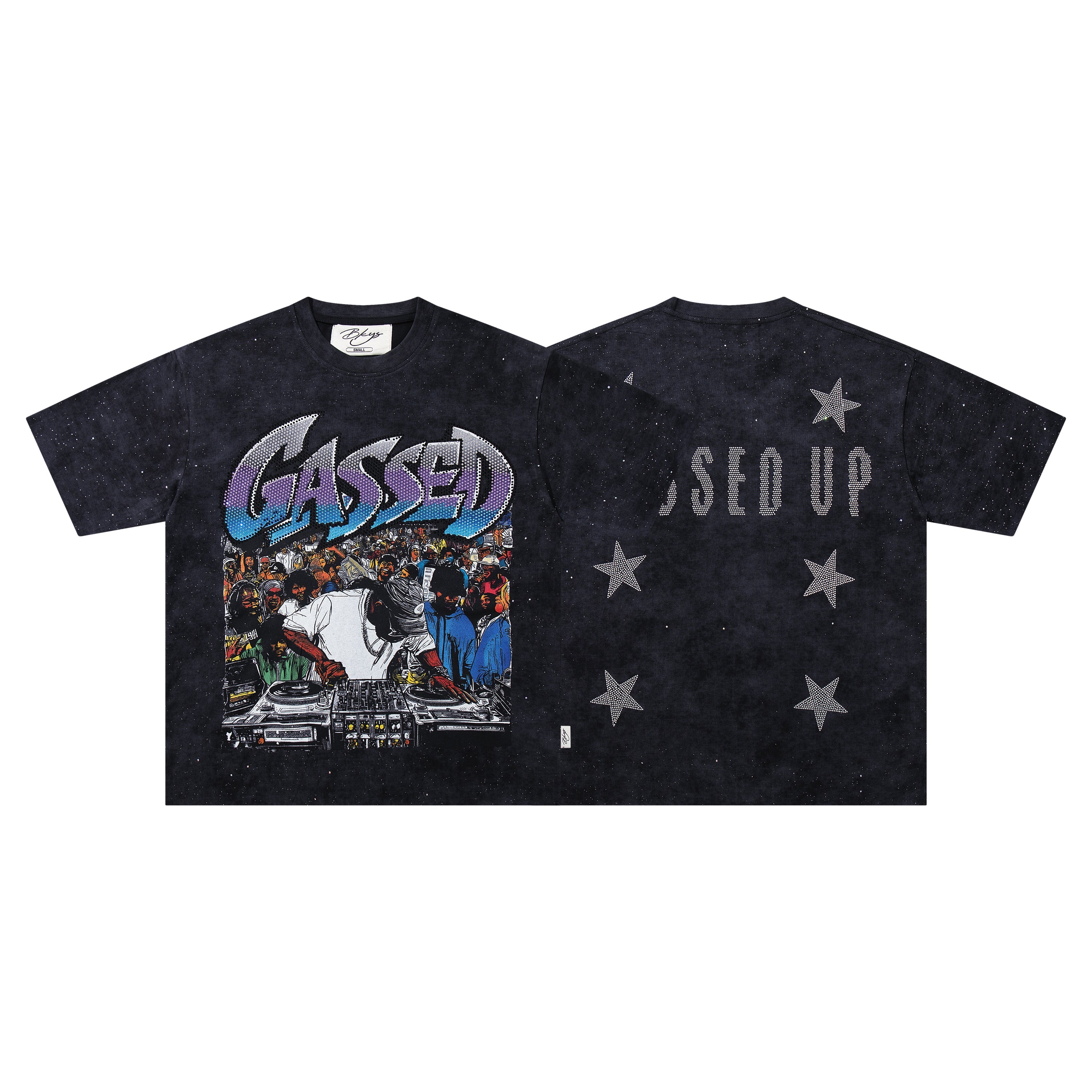 BKYS Cased DJ Star Rhinestone Black Washed Oversized Graphic T-Shirt