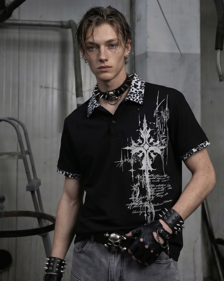 Graphic Print Leopard Collar Polo