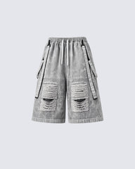 Vintage Distressed Loose Denim Cargo Shorts