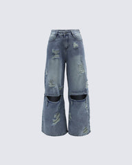 Punk Double-Knee Cutout Washed Denim Pants