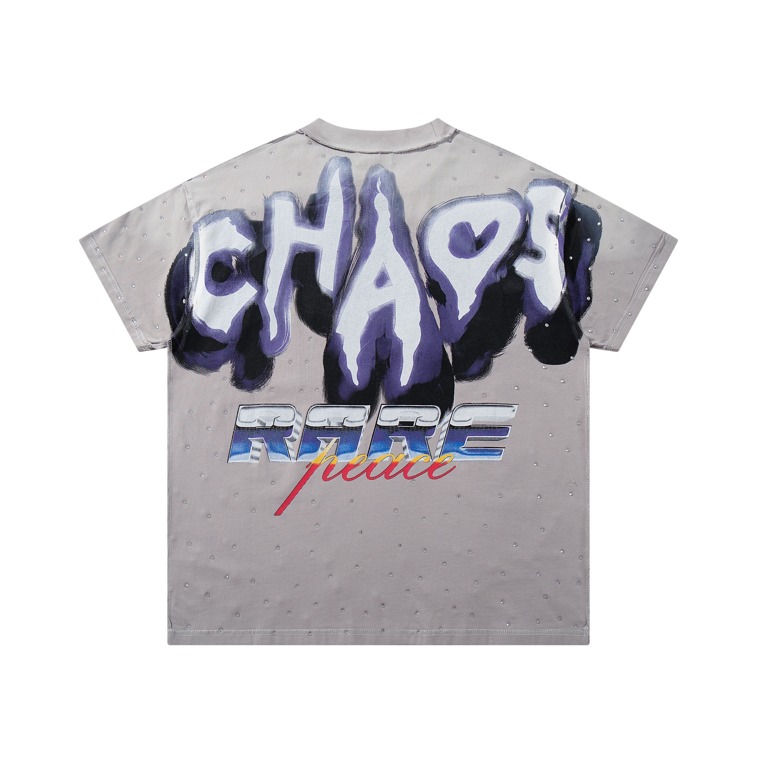 Rare Peace Chaos Car Graphic Oversized Rhinestone Gray T-Shirt