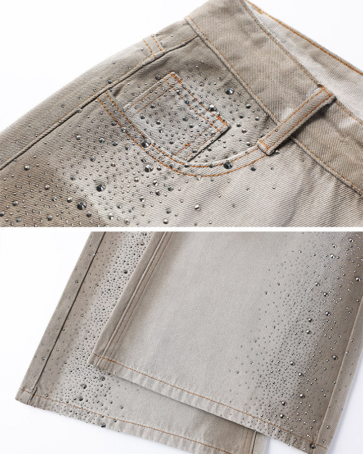 Khaki Washed Rhinestone Balloon Leg Jeans
