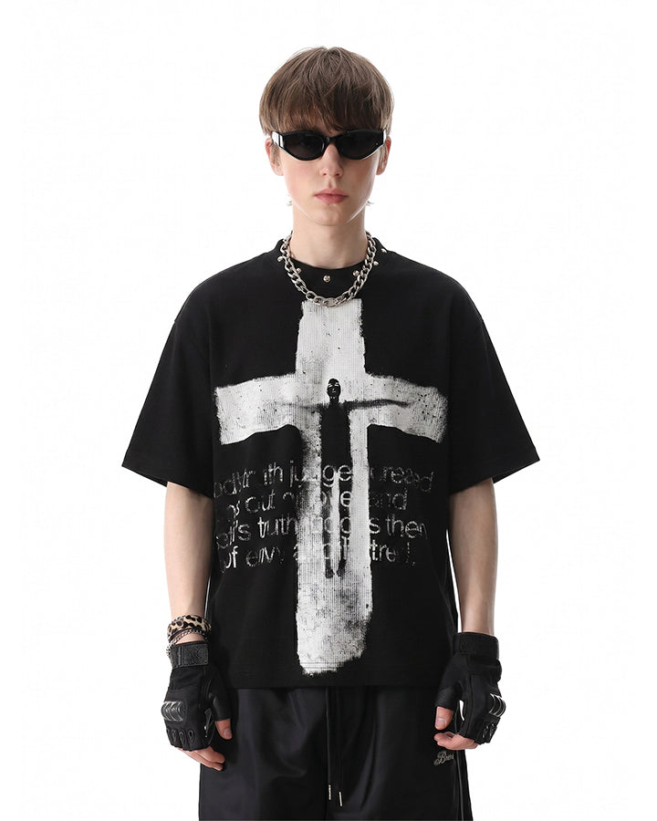 Dark Gothic Cross Graphic Oversized Tee