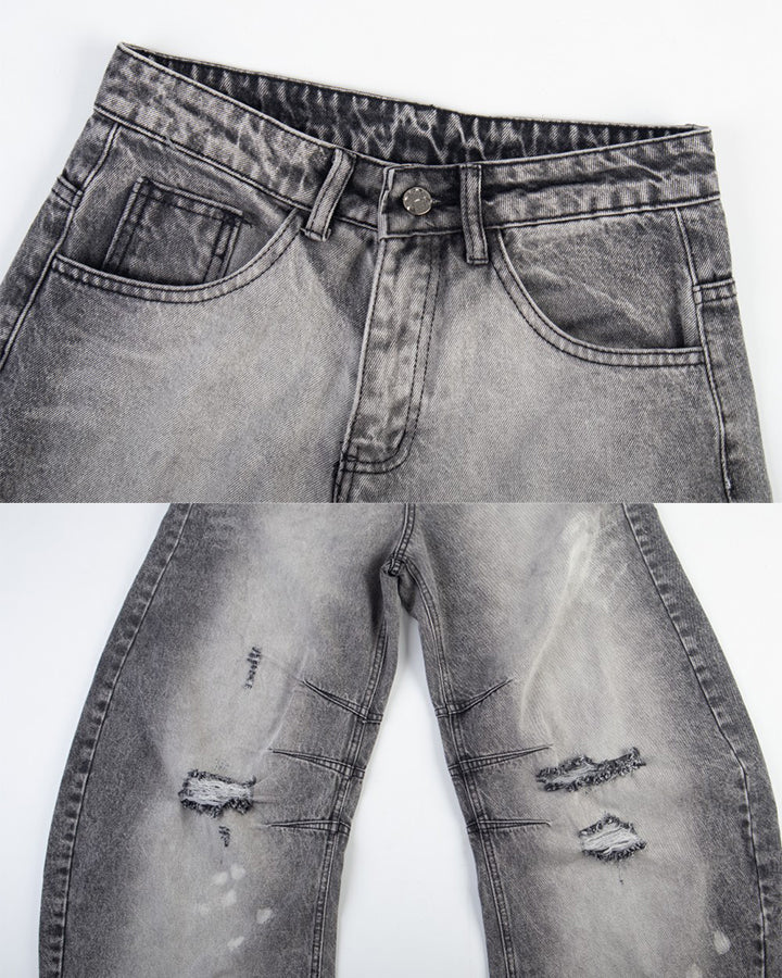 Vintage Street Distressed Washed Curved-Leg Jeans