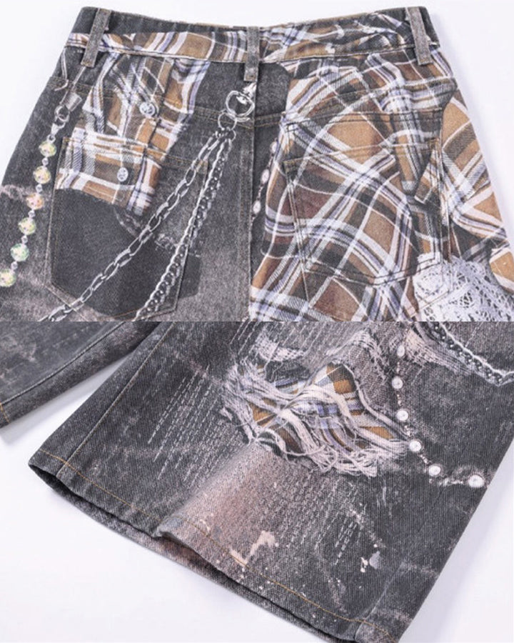 Wasteland Plaid Chain Print Wide Denim Shorts
