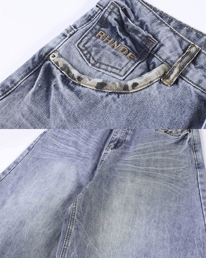 Punk Leopard Patch Embroidered Wide Denim Shorts