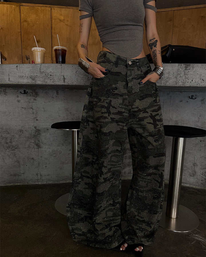 Vintage Camo Rhinestone Loose Balloon Denim Pants
