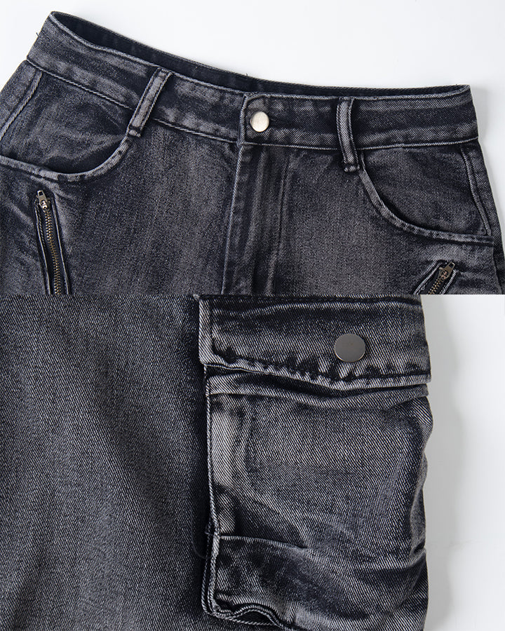 American Inverted Design Washed Cargo Denim Shorts