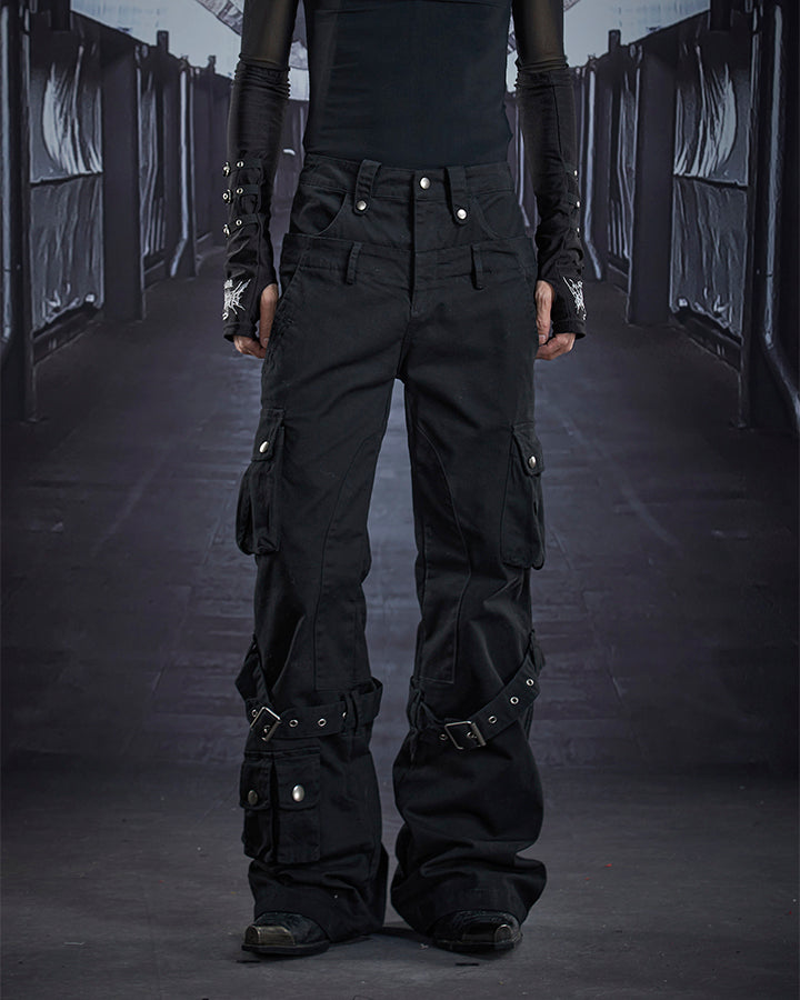 Multi-Pocket Buckle Cargo Flare Pants