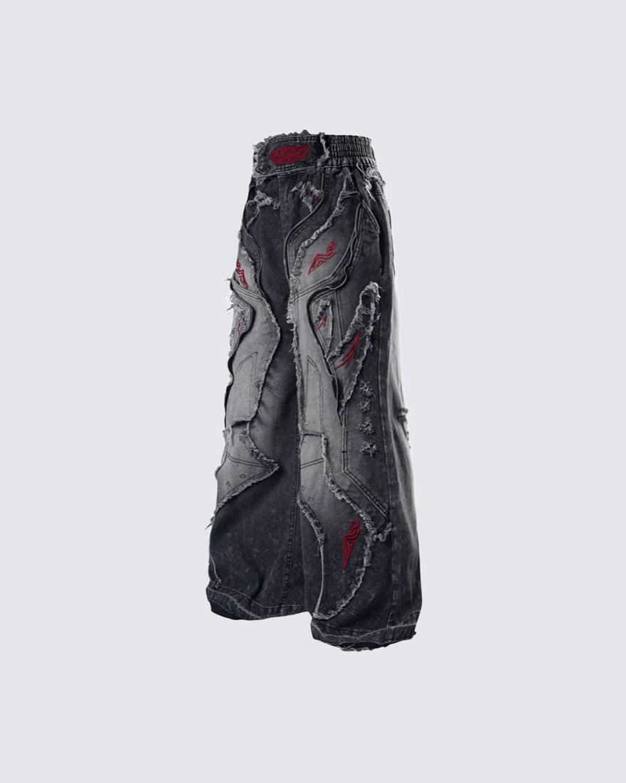 New Dark Washed Red Embroidery Flared Denim Jeans