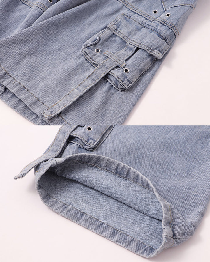 High-Street Multi-Pocket Straight-Leg Denim Pants