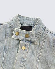 Vintage Wash Denim Jacket with Zipper Pockets