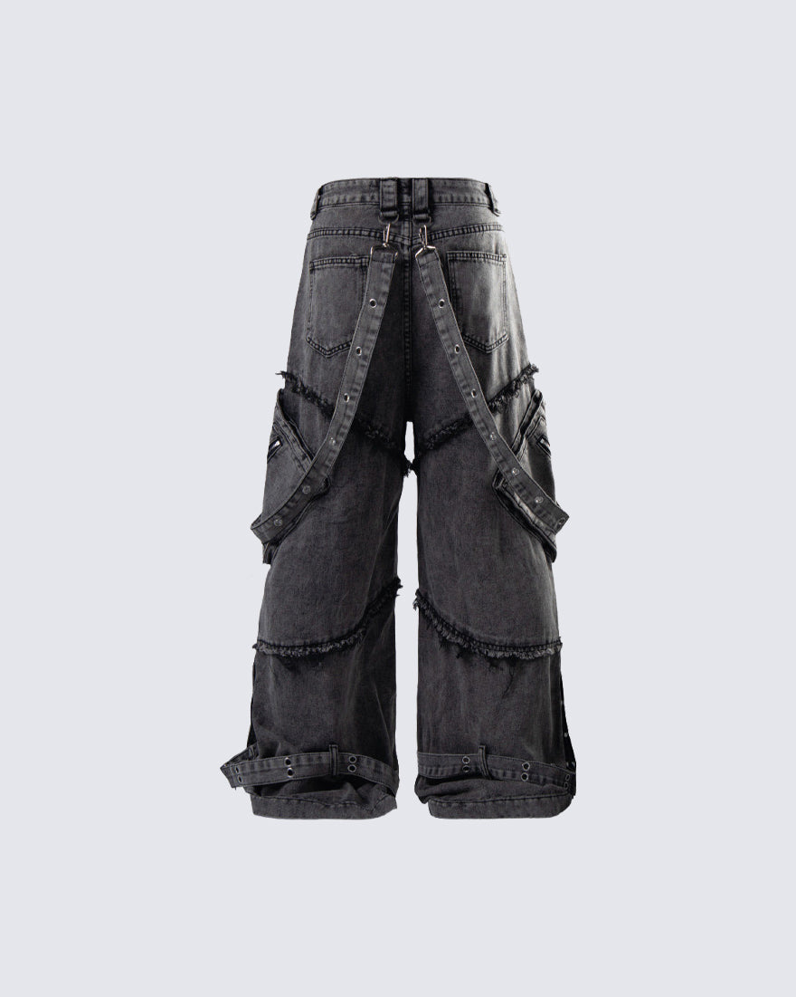 Detachable Strap Dark Heavy Deconstructed Jeans
