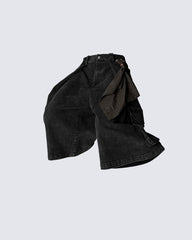 Washed Cargo Denim 8/10 Pants w/ Detachable Bandana-Black