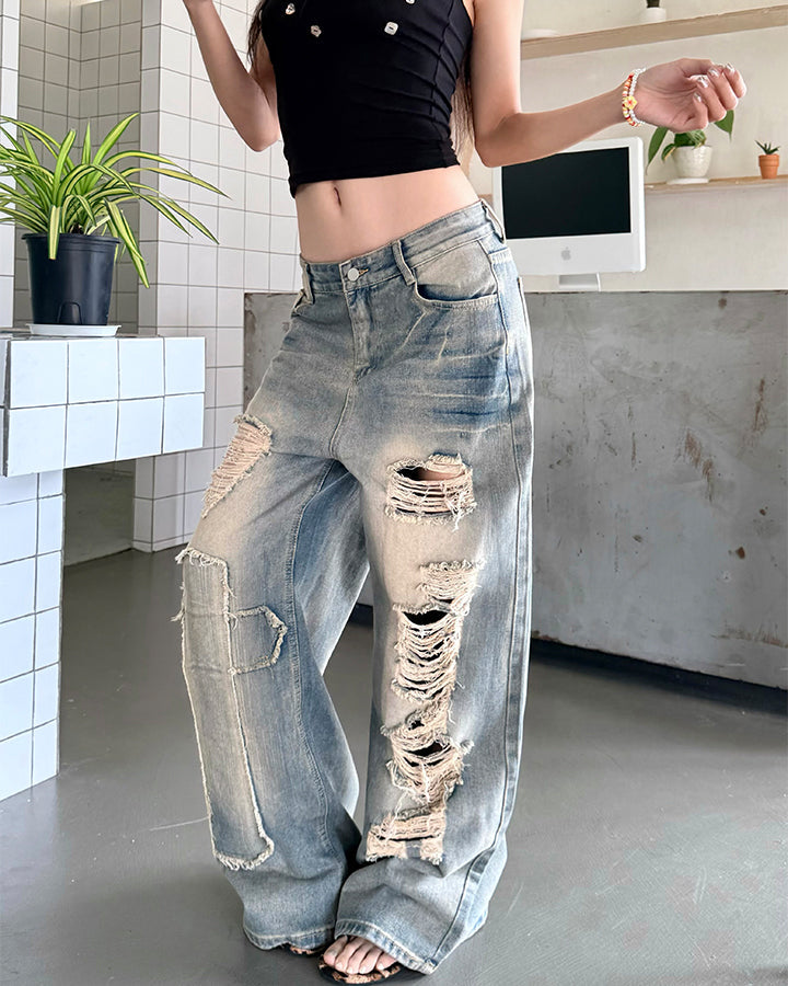 Distressed Washed Baggy Denim Pants
