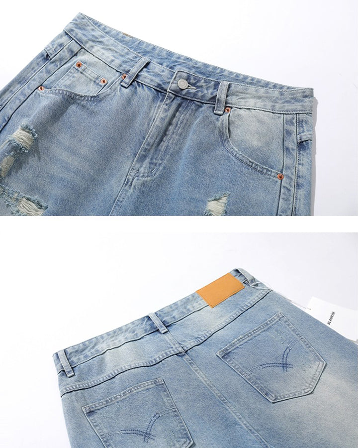 New Light Wash Distressed Wide Denim Shorts