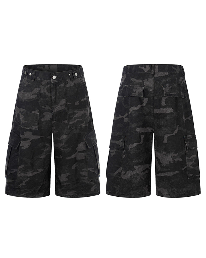 American Style Camouflage Cargo Wide Denim Shorts