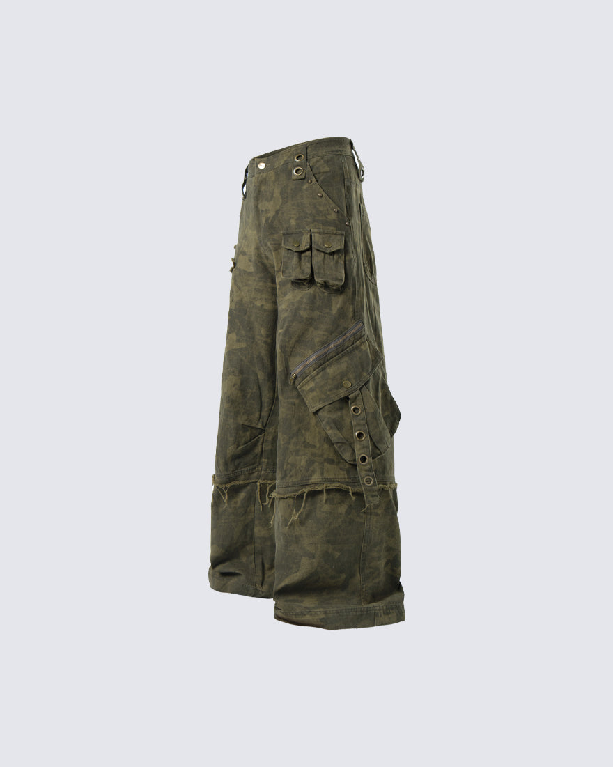 Distressed Tie-Dye Camo Cargo Denim Pants