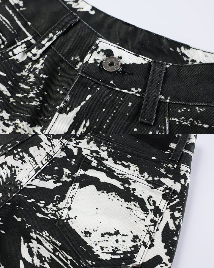 Monochrome Abstract Graphic Wide Leg Denim Pants