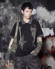 Dark Punk Leopard-Collar Graphic Polo Shirt