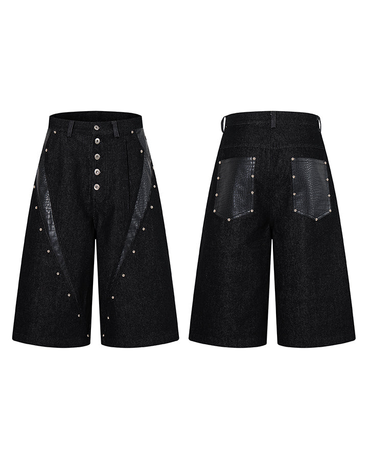 Deconstructed Wide Leg Faux Leather Denim Shorts