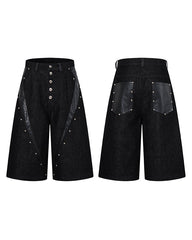 Deconstructed Wide Leg Faux Leather Denim Shorts