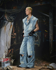 Punk Double-Knee Cutout Washed Denim Pants