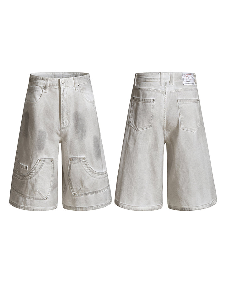 Light Asian Distressed Dirty-Dyed Denim Shorts