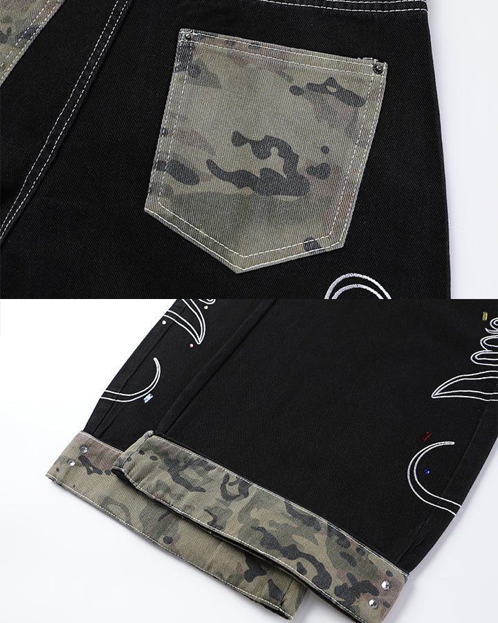 Vintage Camo Panel Wide Leg Denim Pants