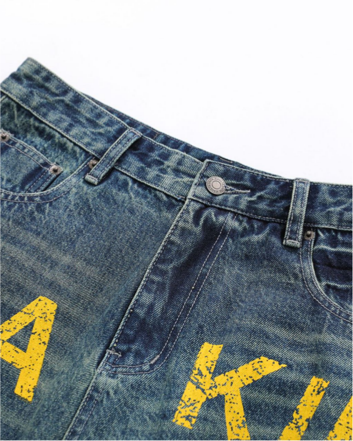 Distressed Multi-Pocket Graphic Denim Shorts