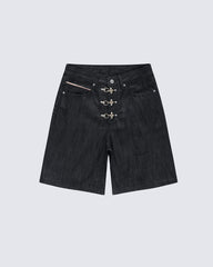 Metal Buckle Raw Black Denim Jort Shorts
