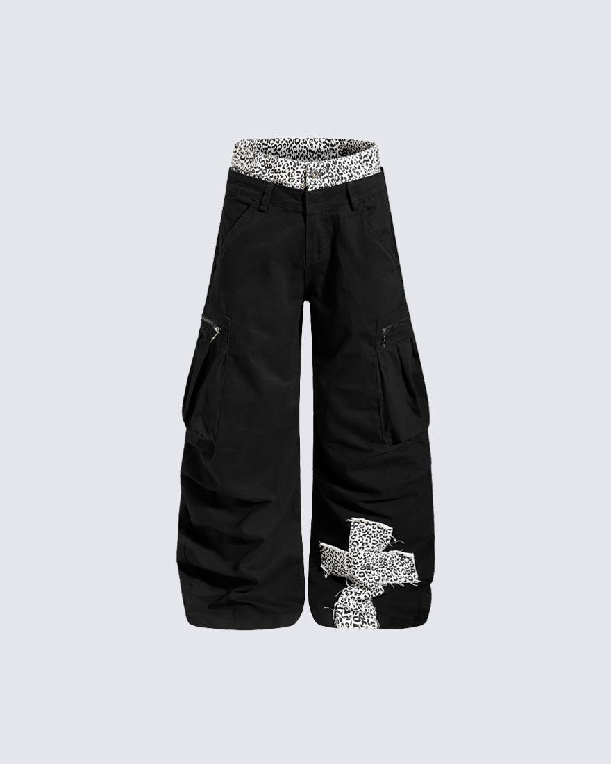 Y2K Leopard Double-Waist Patchwork Cargo Pants