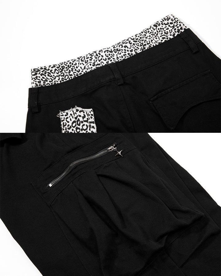 Y2K Leopard Double-Waist Patchwork Cargo Pants
