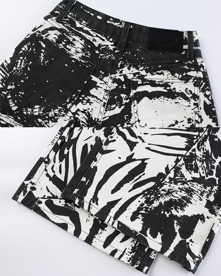 Monochrome Abstract Graphic Wide Leg Denim Pants