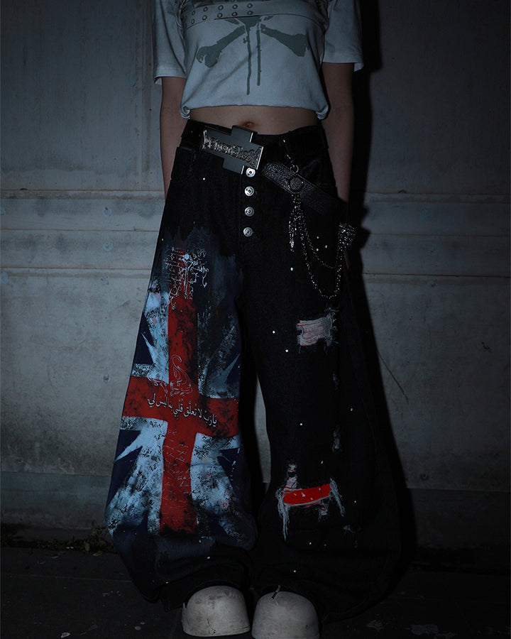 Distressed Hole High-Street Wide-Leg Pants