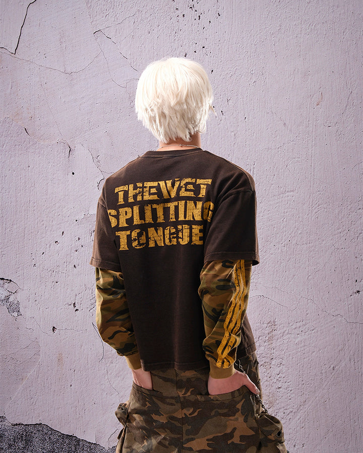 Camouflage Distressed Fake Two-Piece Long Sleeve