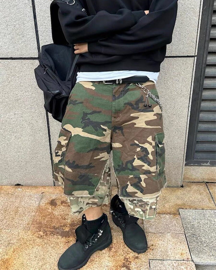 American Style Layered Camouflage Cargo Wide Shorts