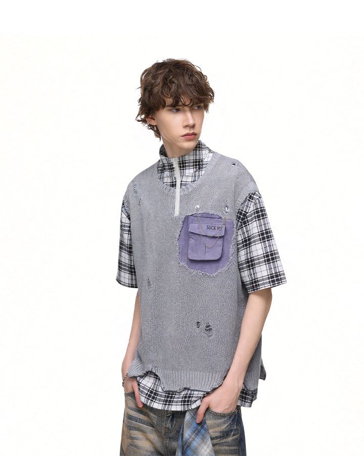 Patchwork Distressed Plaid Layered Knit T-Shirt