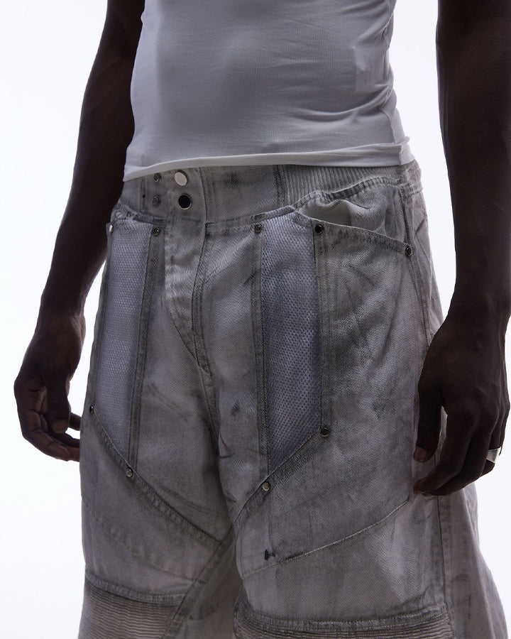 Dark Techwear Elastic-Waist Deconstructed Shorts