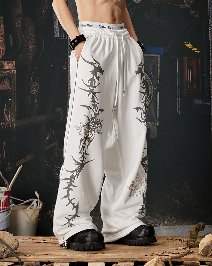 Y2K Dark Dragon Rose Rhinestone Straight Leg Sweatpants