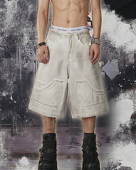 Light Asian Distressed Dirty-Dyed Denim Shorts