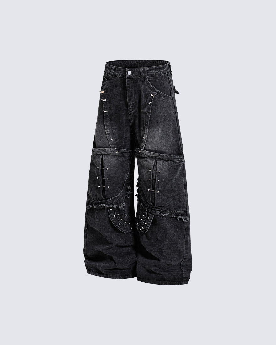 Dark Punk Deconstructed Rivet Panel Denim Pants