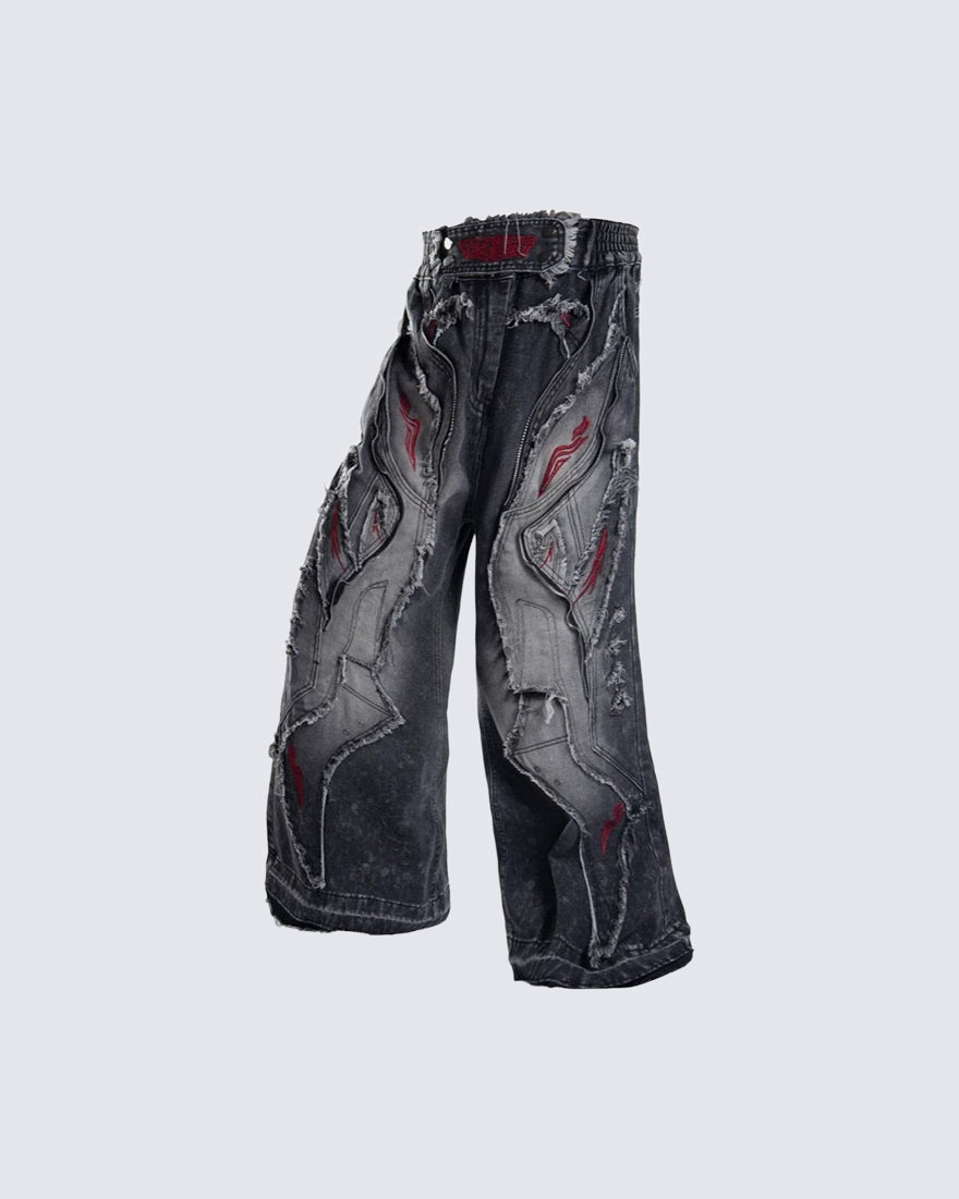 New Dark Washed Red Embroidery Flared Denim Jeans