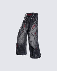 New Dark Washed Red Embroidery Flared Denim Jeans