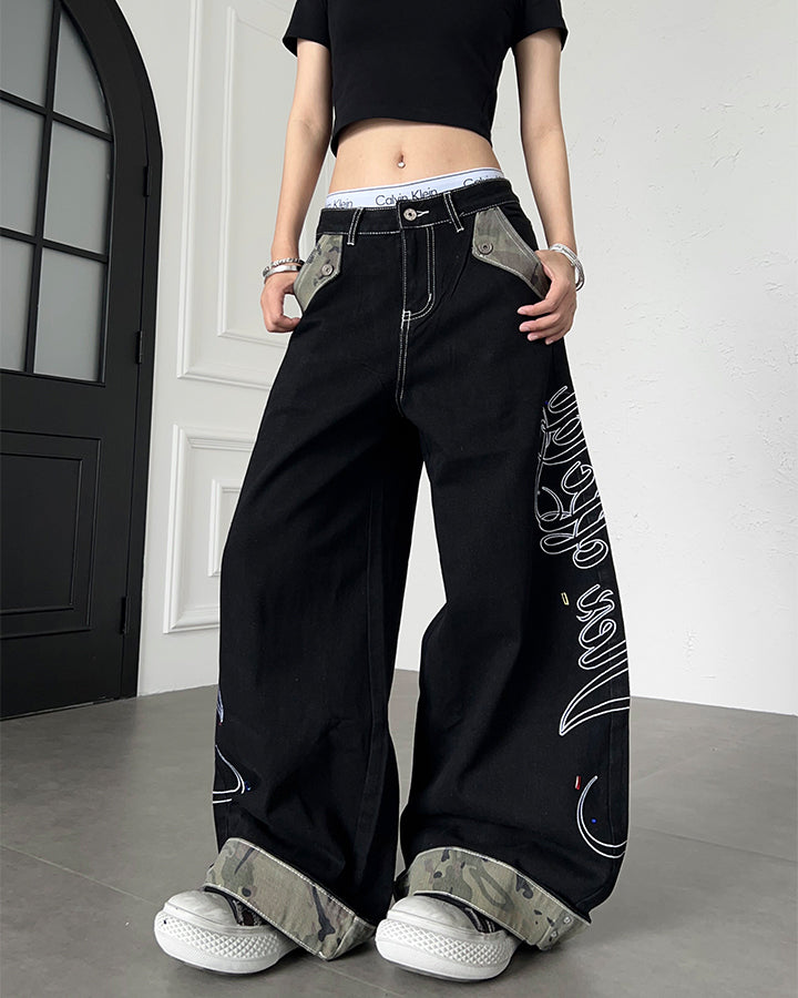 Vintage Camo Panel Wide Leg Denim Pants