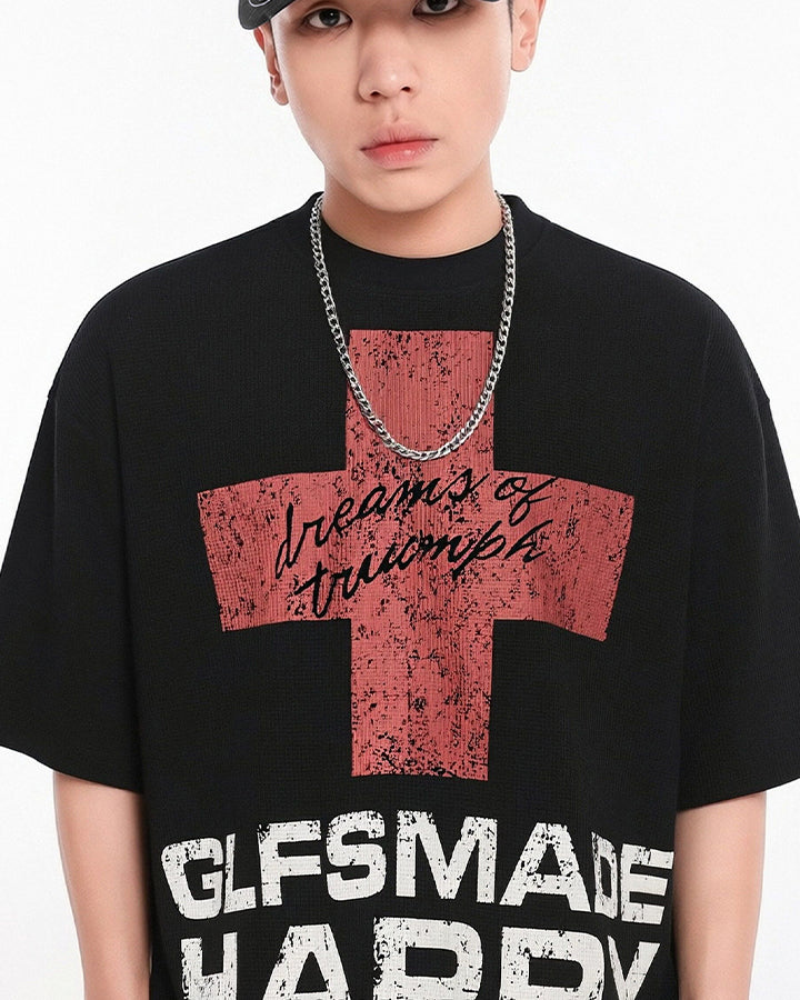 New Gothic Cross Graphic  Black Streetwear T-Shirt
