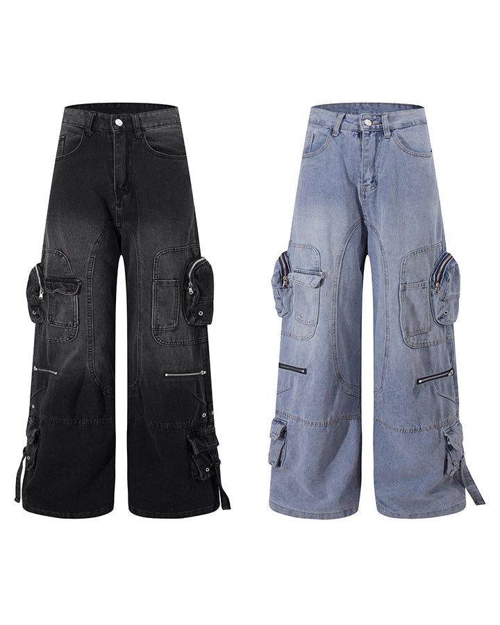 High-Street Multi-Pocket Straight-Leg Denim Pants